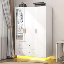 3 Doors Wardrobe Closet With Mirror & LED Lights, Bedroom Armoire With Drawers & Shelves, Modern Wooden Armoire Wardrobe Closet With Hanging Rod For Bedroom,White - 白色 - 查看 2