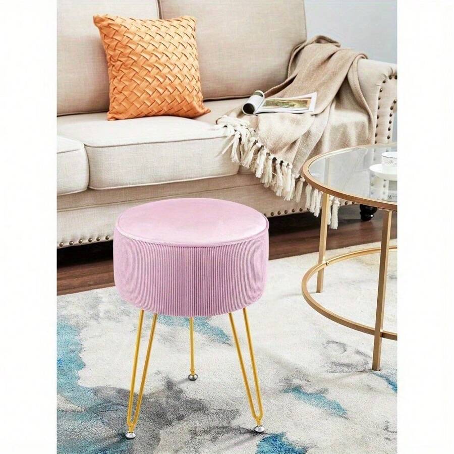 Dressing Table Stool, Round Vanity Stool, Stool Chair For Dressing Table, Makeup Stool With Gold Iron Legs For Bedroom Living Room, Pink - Pink - View 1