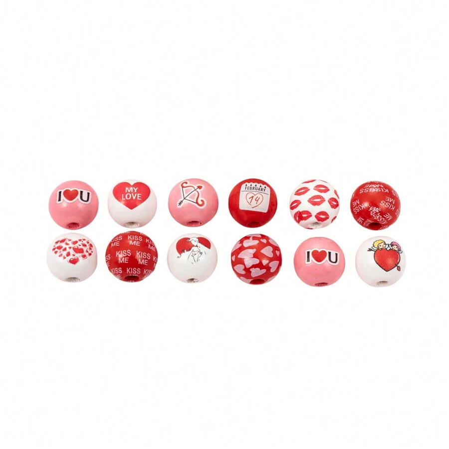 Valentine's Day Beads Set Of 12 Lips Love Heart Letter Pattern Wooden Beads For Bracelets Crafts