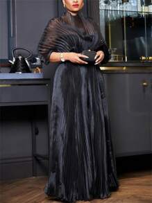 GLOURI Naija Style Black Pleated Maxi Dress - Elegant Mesh Formal Gown With Stretchy Maternity Waist, Nigerian Wedding Guest Dress For Photoshoots/Birthday Parties/African Events (Long Sleeve) - 黑色 - 查看 3