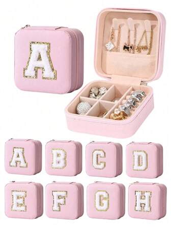 1 pieza Caja de joyas, estuche de joyas de viaje, caja organizadora de joyas de PU con letras DIY, caja de joyas elegante y minimalista portátil adecuada para collares, anillos, pendientes, lápices labiales, joyas, pestañas postizas, puntas de uñas, relojes, regreso a clases