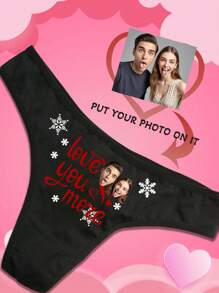 1pc Customized Anniversary Couple Boyfriend Husband Portrait Christmas Letter Print Sexy Thong Panties, Elastic Low Waist Revealing Butt Lingerie, Holiday Gift - Black - View 6