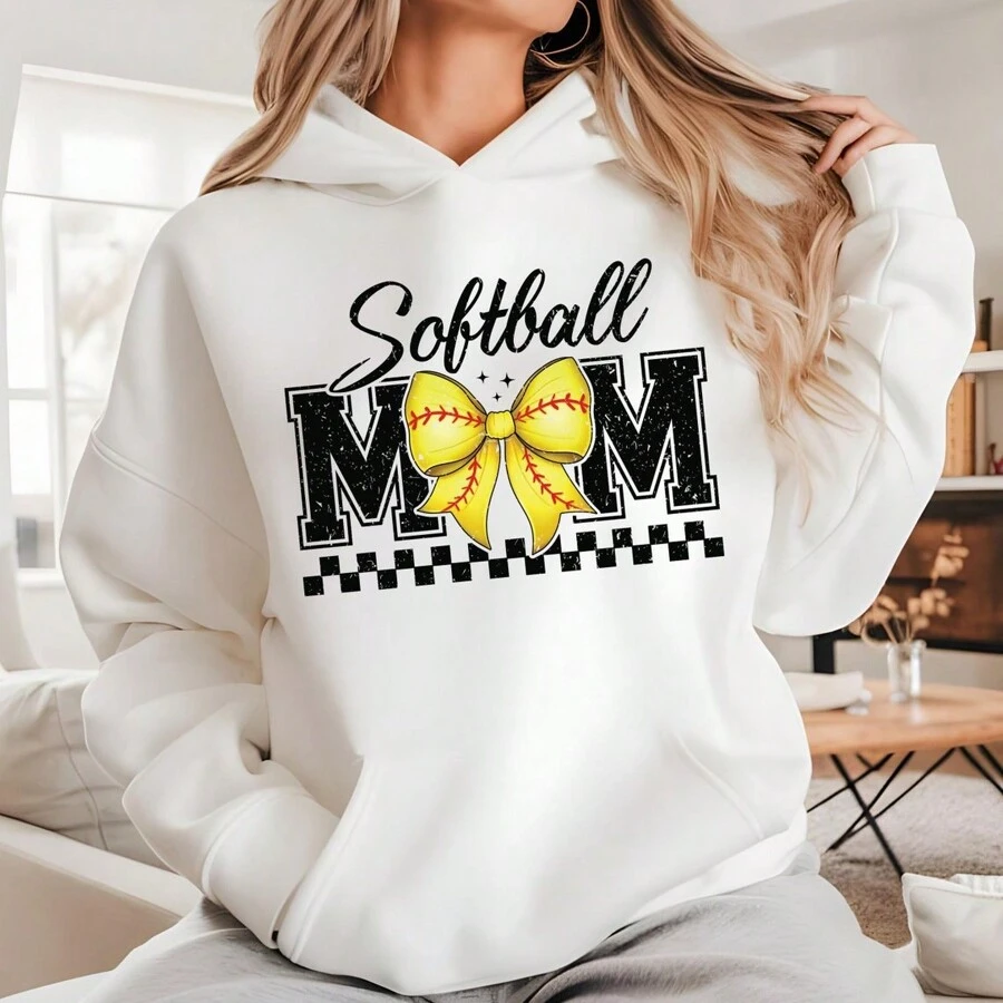 Coquette Softball Mom Hoodie, Softball Game Day Shirt, Mother's Day Gift, Softball Lover Mom Gift, Softball Season Sweatshirt For Mama, Oversized Pullover Hoodie Double-Lined Hood Heavyweight Cotton Pullover Hooded Sweatshirt For Women - White - View 1