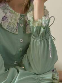 Simple Retro Women's Spring And Summer Models Holiday Style Patchwork Collar Printing Collision Green Elegant Retro Temperament Casual Long-Sleeved Shirt Blouse Top - Green - View 2