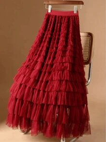 Temperament Knitted Skirt Layered Cake Skirt - Burgundy - View 1