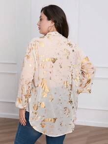 Women Plus Size Gold Foil Long Sleeve Single Breasted Loose Casual Blouse