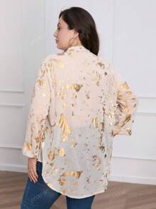 Blusa larga casual monopetto a maniche lunghe con fogli d'oro, taglie larghe per donna