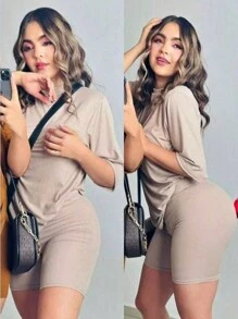 1 pieza Camiseta de hombros caídos y 1 pieza Pantalones cortos - Avena - Ver 3