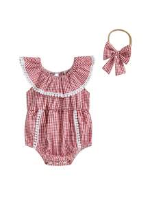 Baby Girls Rompers Plaid Lace Tassel Ruffles Elastic Collar Infant Bodysuits Jumpsuits With Headband - Red - View 5