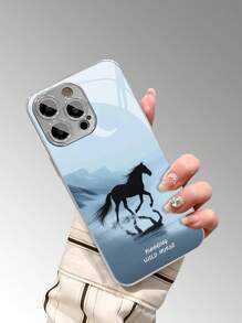1 st. Aangepaste tekst glazen behuizing, gegalvaniseerde behuizing, compatibel met iPhone 16 Promax/16/15 Pro/14 Promax/11 Promax/12/13 Pro/7 Plus/13 Promax, rennend paardenpatroon, aangepaste tekst, koppels stijl, met cameralensbeschermer, minimalistische luxe