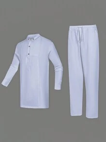 大码男士白色 Dashiki 套装，休闲简约设计，独特领口，3D 剪裁，长袖，松紧腰裤，非洲服装，男士大码休闲衬衫和裤子两件套，新品上市，街头风格，派对，约会，婚礼，文化活动，传统仪式 - 白色 - 查看 3