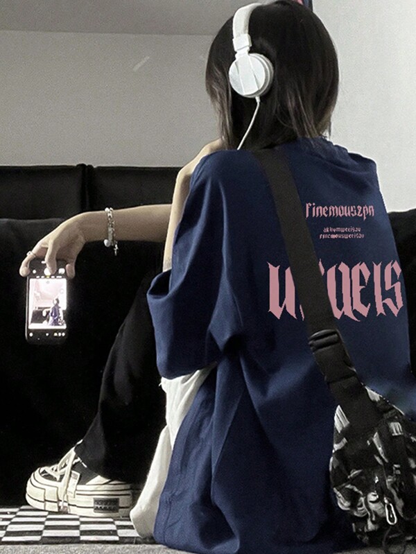 Loose Fit Front & Back Brand Letter Print American Style Short Sleeve T-Shirt For Women, Vintage Casual Top, Summer