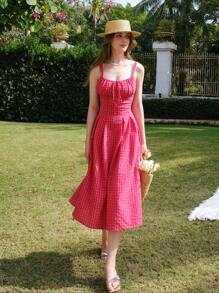 女式宽肩带前系带格子休闲连衣裙 - 玫紅色 - 查看 7