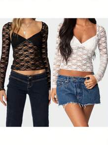 Women's Spring Sheer Blouses Long Sleeve Sweetheart Neck  Lace Party T-Shirts - Black - View 3