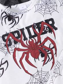 2pcs/Set Summer Kids Boys Spider Printed Short Sleeve T-Shirt And Shorts Outfit, Lightweight Tops & 3/4 Pants Set - White - View 4