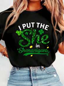 I Put The She In The Shenanigans Shirt St Patricks Day Women T-Shirt Crew Neck Short Sleeve T-Shirt, Casual Print Graphic Cotton Tees Women Tops