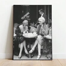 1 件无框，经典复黎咖啡馆帆布印刷品，黑白复古墙壁艺术，时尚女性喝咖啡，节日主题壁挂，通用款，无需电力或羽毛 - 彩色 - 查看 1
