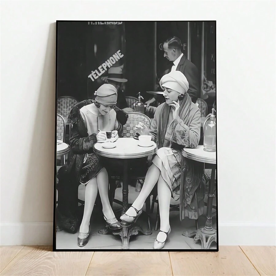 1 件无框，经典复黎咖啡馆帆布印刷品，黑白复古墙壁艺术，时尚女性喝咖啡，节日主题壁挂，通用款，无需电力或羽毛 - 彩色 - 查看 1