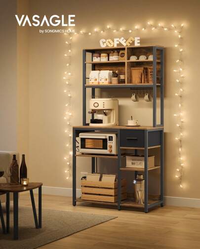  VASAGLE estantería para hornear con estación de carga, barra de café con estantes de almacenamiento ajustables, cajón de tela, 12 ganchos, 15.7 X 31.5 X 71 Pulgadas, soporte para microondas de cocina