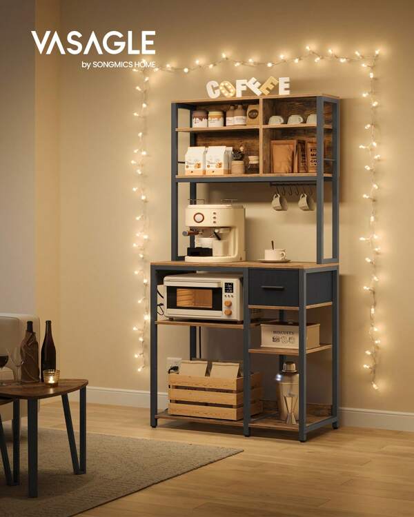 VASAGLE Bakers Rack With Charging Station, Coffee Bar With Adjustable Storage Shelves, Fabric Drawer, 12 Hooks, 15.7 X 31.5 X 71 Inches, Kitchen Microwave Stand