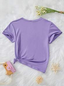 T-shirt à manches courtes avec imprimé de slogan de jeune fille et de croissant de lune, Top pour le Ramadan - Prune - Voir 2