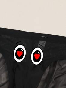 Herren schwarze sexy Mesh-Unterwäsche, halbtransparent mit süßem Herz-Augen-Druckmuster, atmungsaktiv und bequem als Alltagsunterwäsche Tangas