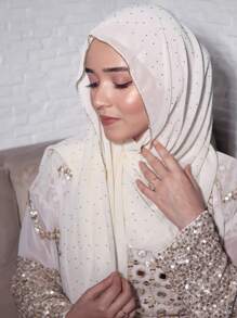 1pc Women's Rhinestone Chain Chiffon Headscarf, Islamic Fashion Solid Color Scarf, Muslim Sunscreen Hijab Headwrap, Suitable For Daily Wear