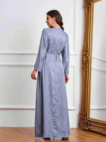 Women's Elegant Floral Printed Long Sleeve Dress, Stylish Arabic Design