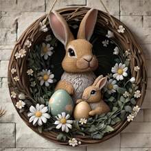 Easter Bunny Wooden Hanging Sign - Bohemian Style Rabbit & Egg Design Wall Art With Daisy Wreath, Rustic Home Decor For Front Door, Porch, Living Room, Bedroom - Indoor/Outdoor Spring Decoration, Rabbit Accessories, Perfect Gift For Family And Friends Easter Decorations Easter Decor Party Gift Gifts Birthday Graduation
