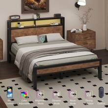 Bed Frame With LED Light, Industrial Platform Bed With Charging Station, 2-Tier Storage Headboard, No Box Spring Needed, Noise-Free, Strong Support Legs - 查看 5