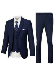 WindsorQuad Furuyal 男士三件套西装，优雅纯色单排扣修身西装外套、马甲、西裤和领带，适合商务、婚礼、正式场合，藏蓝色，尺码 XS-3XL - 藏蓝色 - 查看 6