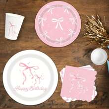 Pink Bow Party Supplies Cute Supplies Bachelorette Party Tableware Set With Pink Bow Paper Plates Napkins Cups For Engagement Birthday Shower Wedding - Pink - View 4