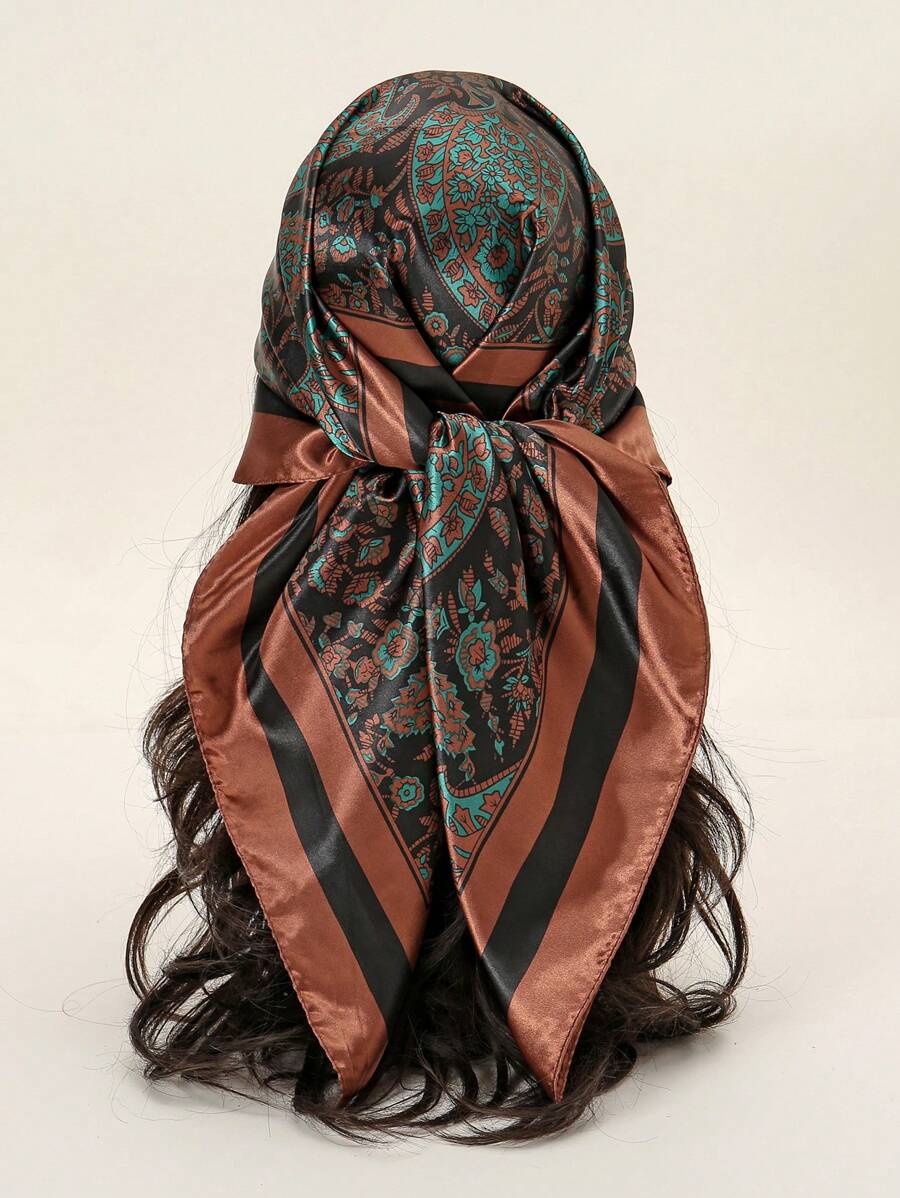 1 件女士复古佩斯利印花 90*90 头巾，时尚简约，休闲百搭头巾，适合日常佩戴 - 01-咖色 - 查看 1