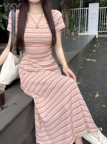 Spring/Summer Dopamine Colorful Striped Round Neck Short Sleeve Fitted Waist Long Dress For Women