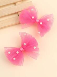 2pcs Girls Cute Pink Pearl Chiffon Hair Clips, Princess Style Hair Accessories