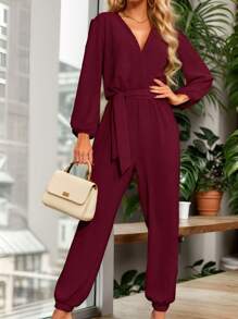 SANOPY Long Sleeve Jumpsuit For Women,Jumpsuits For Women Dressy,Women's Chic Soid Color Business Style Jumpsuit V-Neck Lantern Sleeve Pleated Elastic Waist Design Cuffed Pants With Pocket