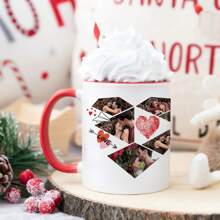 1 pièce de 11oz personnalisée avec plusieurs photos, motif d'amour, tasse à eau à fond plat et anse pleine d'amour, série de la Saint-Valentin, tasse à café en céramique, tasse à lait, réutilisable, cadeau de la Saint-Valentin pour elle, convient pour le thé de l'après-midi, la maison, le bureau