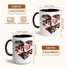 1 pièce de 11oz personnalisée avec plusieurs photos, motif d'amour, tasse à eau à fond plat et anse pleine d'amour, série de la Saint-Valentin, tasse à café en céramique, tasse à lait, réutilisable, cadeau de la Saint-Valentin pour elle, convient pour le thé de l'après-midi, la maison, le bureau