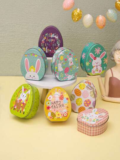 1 件可爱兔子礼盒铁盒桌面摆件，扁平蛋形铁盒，万圣节感恩节圣诞节迷你创意收纳盒，婚礼节日主题派对氛围装饰道具，复活节装饰用品，家居装饰