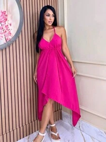 Women's Short Wrap Dress With Straps - Pink - View 3
