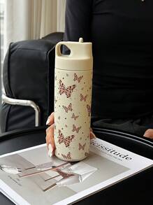 1 pezzo 500ml (16,9 once) Tazza termica a doppia parete in acciaio inox con stampa di leopardo e farfalla, con cannuccia, adatta per ufficio, all aperto, casa, auto, scuola, feste, compleanni, regali per il ritorno a scuola