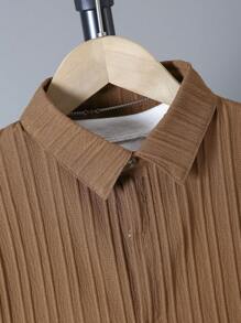 2 件套青少年男孩休闲学院风户外时尚纯色纹理短袖衬衫和直筒纹理长裤