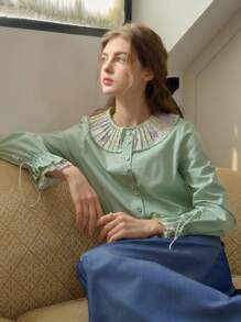 Simple Retro Women's Spring And Summer Models Holiday Style Patchwork Collar Printing Collision Green Elegant Retro Temperament Casual Long-Sleeved Shirt Blouse Top - Green - View 3