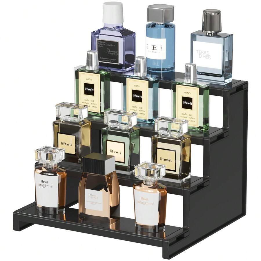 4 Tier Black Display Risers Stand, Plastic Cologne Organizer Perfume Stand, Display For Figures, Cupcake, Dessert, Spice, Fragrance, Countertop, Vanity, Dresser, Cabinet Use - màu đen - Xem 1