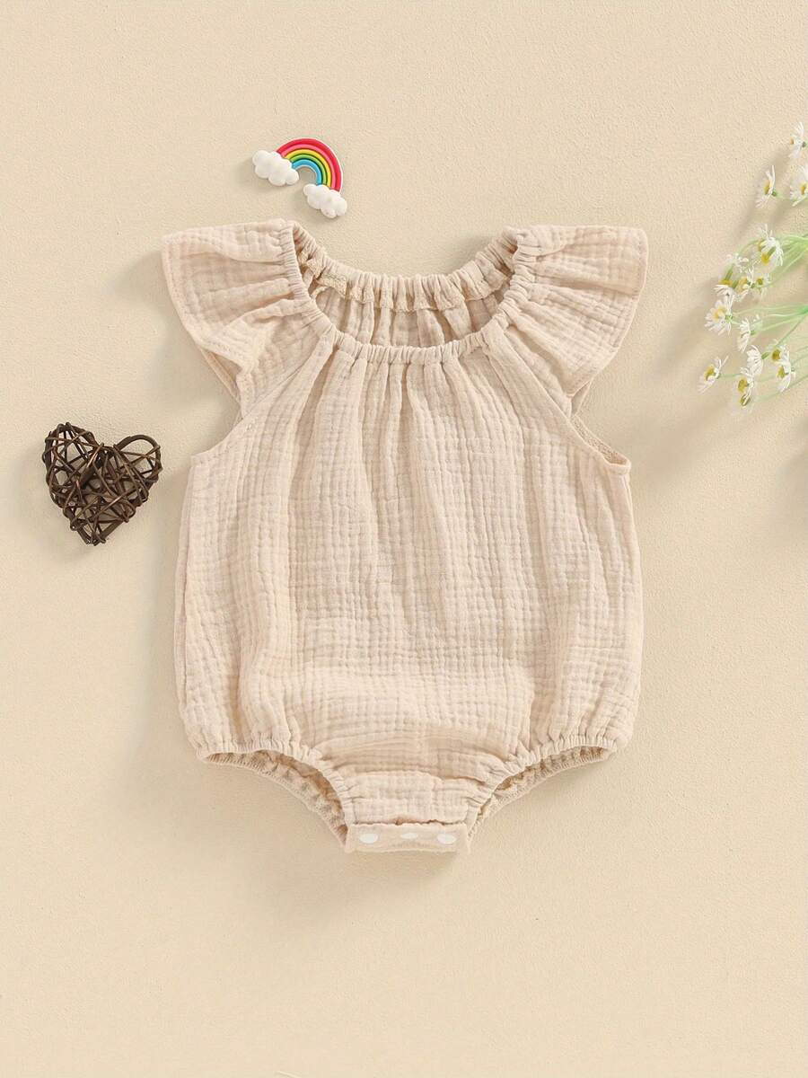 Baby Girl Boy Summer Cotton Linen Romper Clothes Basic Plain Ruffle Sleeveless Comfy Rompers Newborn Tops - Khaki - View 1