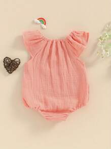 Ropa de bebé niña y niño de verano de algodón y lino - Pelele básico liso con volantes sin mangas, cómodo pelele para recién nacidos - Rosa - Ver 2
