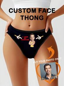 1 pieza Tanga personalizado de cintura baja sexy con elástico, pantie transpirable con foto e impresión de letras inglesas de Navidad, regalo de aniversario para novio/esposo