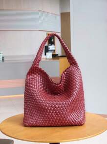 New Stylish Minimalist Chic Design Braided Tote Bag, Bucket Bag, Shoulder Bag, Underarm Bag, Retro Style, Suitable For Office Work, Commute, White Collar, Student, Adorable Dopamine Color Series - 酒紅色 - 查看 2