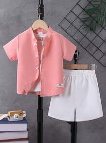 男童休闲纯色印花短袖衬衫+短裤两件套，适合春夏穿着，学院风 - 粉色 - 查看 1