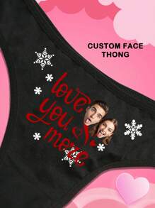 1pc Customized Anniversary Couple Boyfriend Husband Portrait Christmas Letter Print Sexy Thong Panties, Elastic Low Waist Revealing Butt Lingerie, Holiday Gift - Black - View 2
